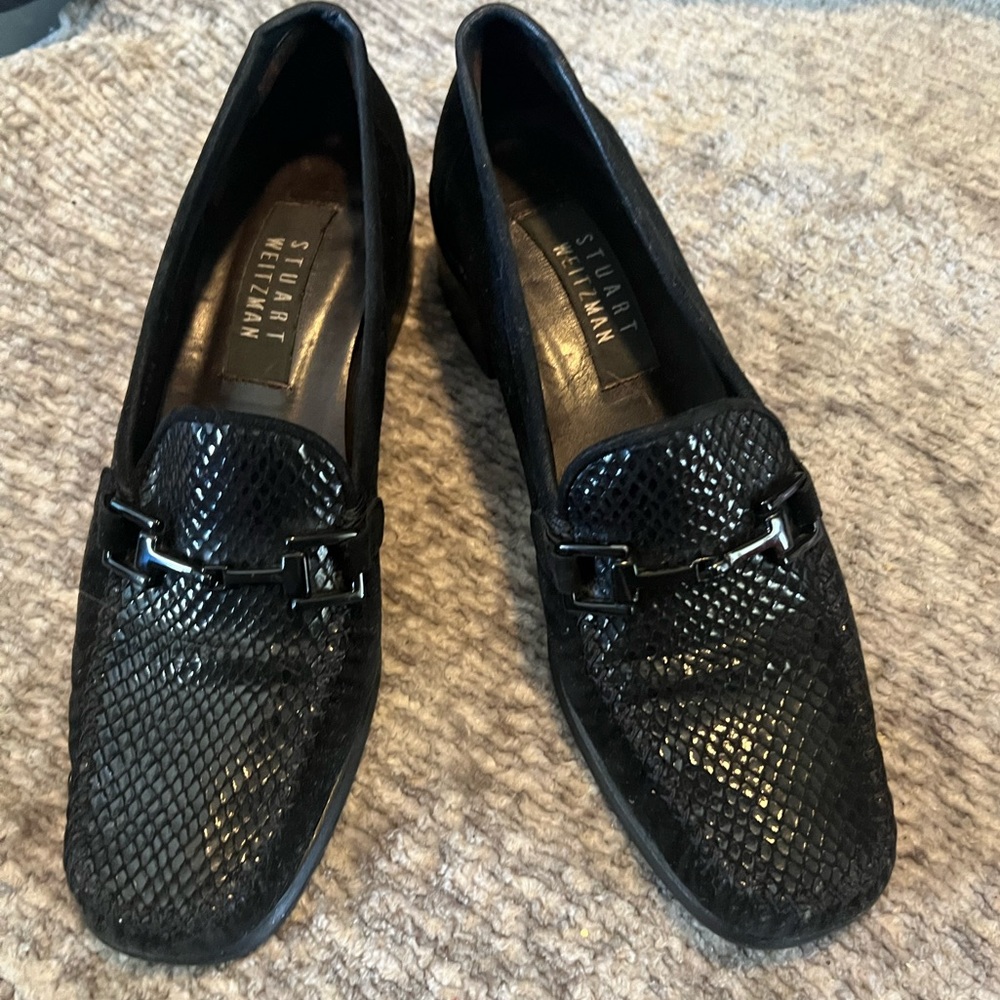 Stuart Weitzman Black Suede Leather Snakeskin Slip-On Block Heel Loafers 7.5 AA